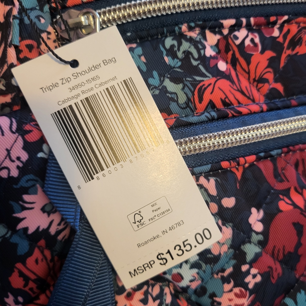 Vera Bradley Triple Zip Shoulder Bag, Cabbage Rose Cabernet - Picture 2 of 6